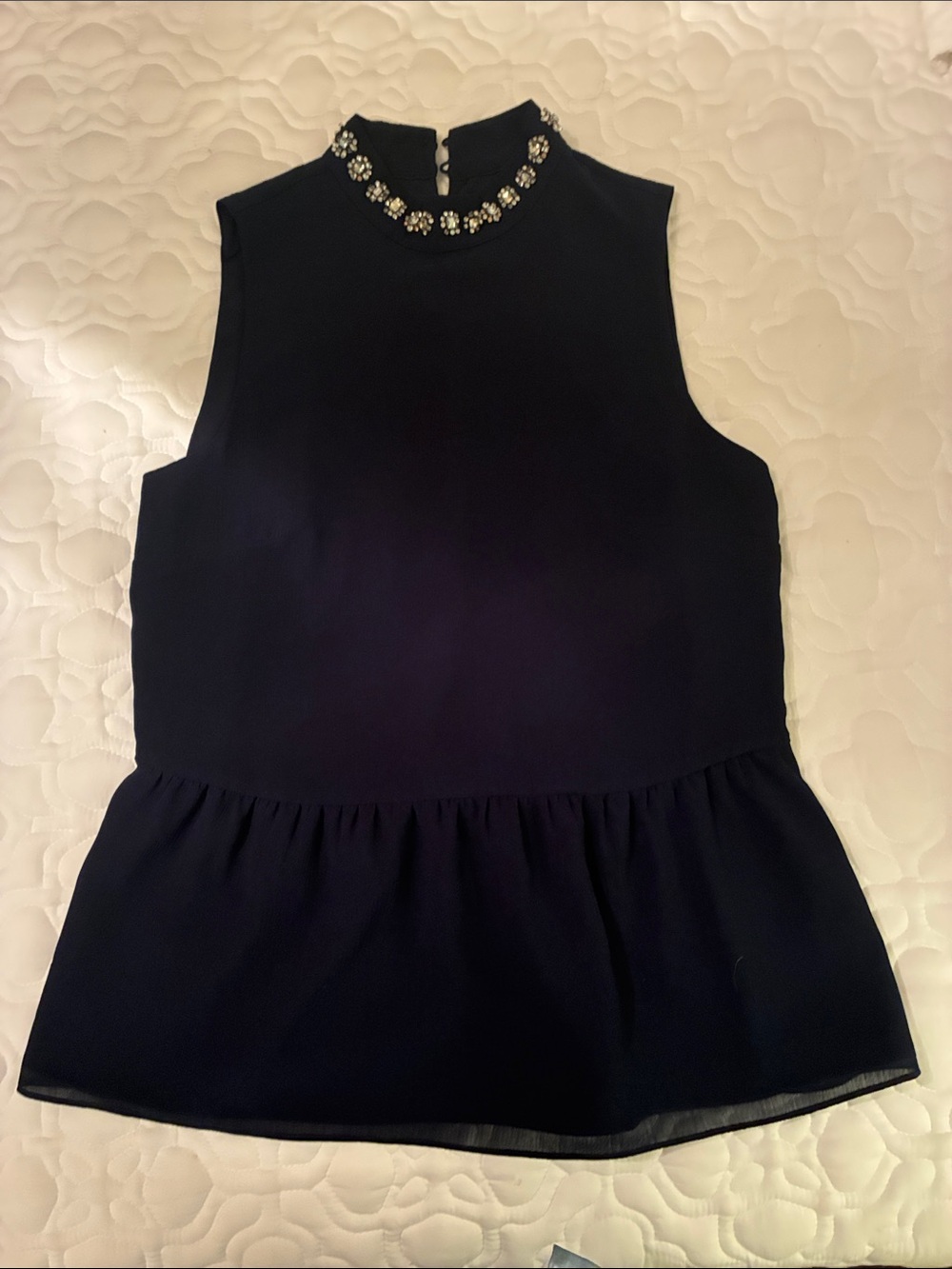 J. Crew Embellished Navy Peplum Top